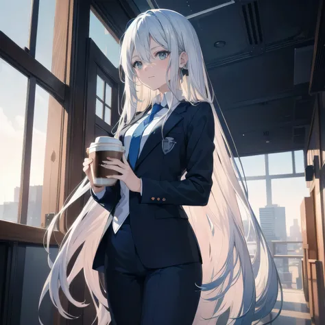 (masterpiece), (best quality), ultra detailed, finely detailed color, cenematic painting, bishoujo, one lady, teenager, cute face, white hair, absurdly long hair, straight hair, ((deep blue eyes:1.5)), (holding coffee:1.4), ((business suit:1.5)), black sui...