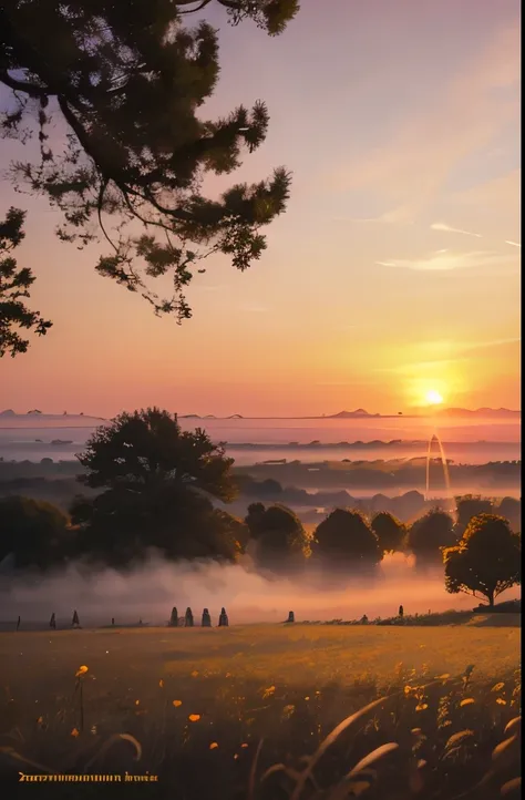 araffes in a field with trees and a sunset in the background, a picture by Zou Zhe, flickr, sōsaku hanga, foggy sunset, at sunrise, during sunrise, in a sunset haze, beautiful dusk, beautiful and spectacular dusk, early morning sunrise, national geographic...