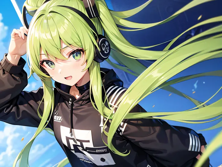 Anime girl character with flowing hair, and wearing a Streetwear, wearing headphone
