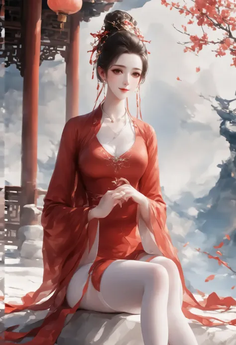 4K，a woman，red china hanfu，white silk pantyhose，red xiuhua shoes