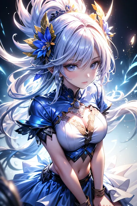 score_9, score_8_up, score_7_up, beautiful detailed (eyes, longeyelash, lips, navel), white hair, throughbangs, huge breasts, vibrant colors, masterpiece, highres, highest quality, The image depicts an anime-style character with long, flowing white hair. T...