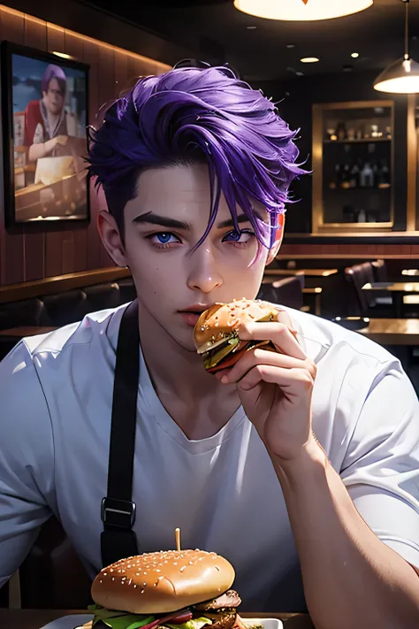 A man with purple hair and blue eyes eating a burger in a restaurant 