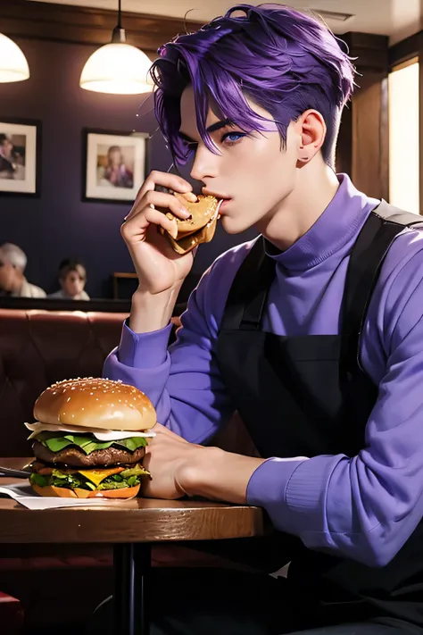 A man with purple hair and blue eyes eating a burger in a restaurant 