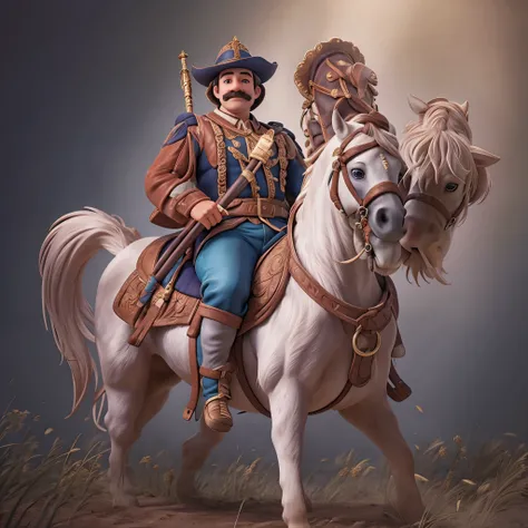 a majestic portrait of dom pedro with a mustache, smiling and sitting on a horse, holding a sword raised in his right hand, against a white background, hyper detailed, photorealistic, highly detailed, cinematic lighting, dramatic composition, vibrant color...