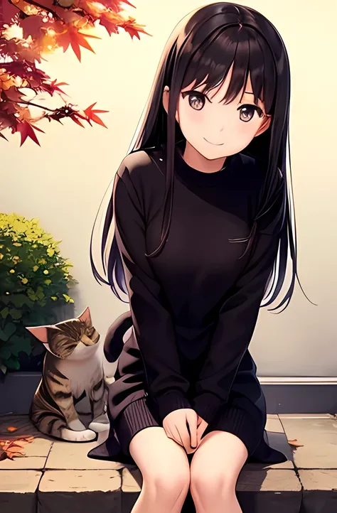 ((Petting a cat))、  Japanese、woman、18 years old、  very slender 、 autumn leaves、(sweater)、 smile、 Thin legs