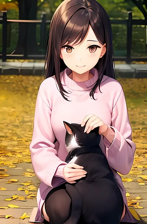 ((Petting a cat))、  Japanese、woman、18 years old、  very slender 、 autumn leaves、(sweater)、 smile、 Thin legs