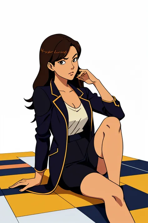 An anime-style illustration featuring a stylish female character sitting on the floor, facing the viewer. She is dressed elegantly in casual yet chic clothing, such as a long coat or stylish jacket, adding a sophisticated touch. Her pose has one leg bent b...