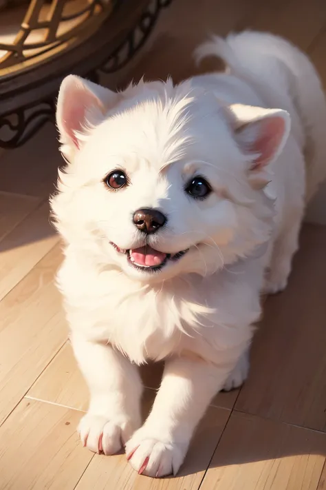 above view, ((masterpiece)),best quality, beautiful detailed eyes, 8K resolution, Semi-realistic, cinematic lighting, 1 dog, "A small white Spitz puppy alone eatting dog food , No humans in the scene, just the dog. Semi-realistic, 2.5D style, high-quality ...