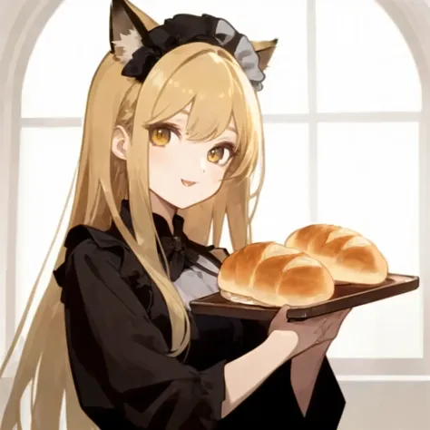 a anime girl hold a tray with bread in its hand and has blonde hair, 1girl, solo, animal ears, food, long hair, holding, bread, fake animal ears, smile, cat ears, looking at viewer, window, upper body, holding food. smile. open mouth