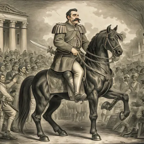 Proclamation of the Republic, Dom Pedro smiling with a mustache, with sword in hand, Sitting on the horse