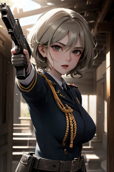 Masterpiece, Best Quality, Coloured image,Hi-Res, source_anime, (good_hands:0.9) , 1girl, black eyes, focused eyes, silver light brown coloured hair, short curly hair, military uniform, medium breast, curvy body, holding gun with 2 hand, gun, pointing gun ...