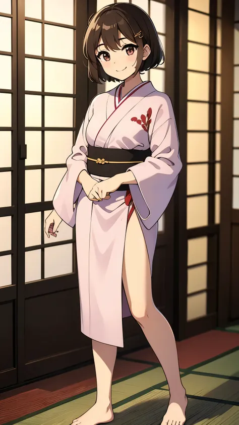 indoor, japanese room, tatami, pink yukata, anime style, ultra high res, break Best quality, adult body, UHD, break contented smile, break bare foot, sharpen, 32k, masterpiece, intense gaze,