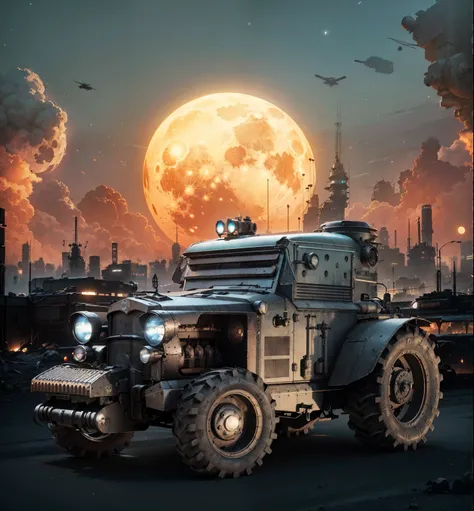 there is a large armed battle tractor that is parked in front of a full moon, dieselpunk city, dieselpunk atmosphere, dieselpunk art style, futuristic dieselpunk street, machine noir dieselpunk grimcore, dieselpunk setting, 3d rendered steampunk, in style ...