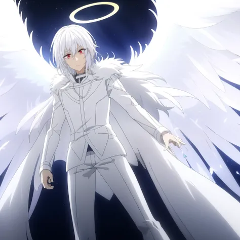 Looking forward Man in formal attire wearing a white and platinum lab coat on top Male,red eyes, cabello largo color platino anime angel con alas y un halo por encima de la cabeza, anime wallpaper , bíblico preciso angel , angelic, ((zerator )),  glowing a...