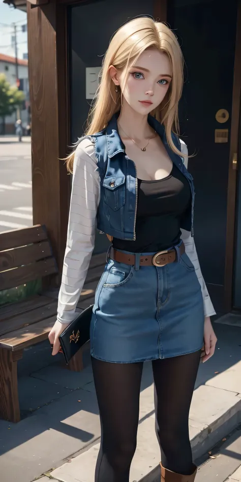 Blond woman in denim skirt and Black T-shirt with high cleavage shirt standing in front of the window, Young beautiful amouranth, hyper realistic anime, seductive anime girl, perfect android girl, photorealistic perfect body, realistic anime 3d style, beau...