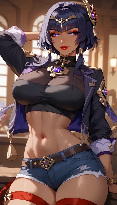  perfect eyes、 perfectly sexy face、ultra detailed、Candace、Genshin Impact、shiny hair、( Big breasts ), black shirt、black jacket、Tight Waist、thin waist、 dark blue denim shorts、 Thigh straps 、 glowing skin、 tanned skin 、Beleza、erotic、Red Eyeliner、 red lips 、wi...