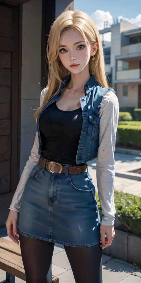 Blond woman in denim skirt and Black T-shirt with high cleavage shirt standing in front of the window, Young beautiful amouranth, hyper realistic anime, seductive anime girl, perfect android girl, photorealistic perfect body, realistic anime 3d style, beau...