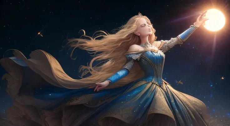 ( best quality , masterpiece), young woman, pose, particle, wind, flower, upper body, Night Eclipse Background ,  looking at the viewer , long straight windblown blonde hair,  detailed blue eyes ,  medieval blue princess dress, Galaxy, backlit, ring light,...