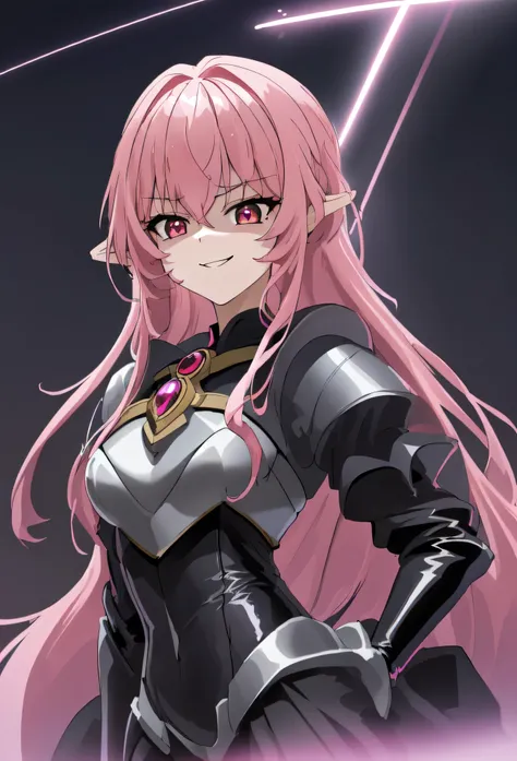 high quality, extremely detailed, perfect face,  new, long pink hair, (black latex bodysuit), steel pauldrons, steel breastplate, long ears, evil smirk, evil laugh, medium breasts, (dark and stormy skies, lightning)(masterpiece:1.0),(Highest_quality:1.0), ...