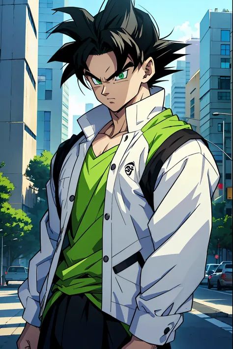 ((arte estilo anime)), , He is a 16 old teenager, very white skin, He has slightly disheveled black hair ,  light green eyes, , muscular body , anime art style Dragon Ball , sexy face, He is dressed in the anime male clothes ,  , 8k, high quality, masterpi...