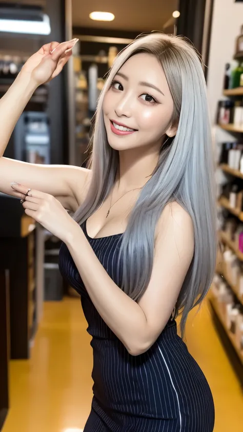 (( best quality)), ((masterpiece)), (  Details),  1 girl, Sexy, company employee。Crouch in front of a company shelf、 silver hair、( Cowboy Shooting、 best quality、8k、Award-winning works、 ultra high resolution)、Beautiful woman、(blue vertical stripe business s...