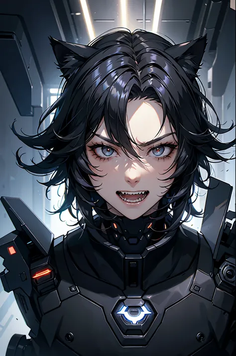 boy, cat ears, black hair, messy hair, futuristic mask, cybernetic, sharp teeth, hd.