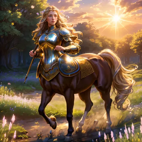 a majestic centaur girl,long wavy hair,shining medieval armor,field of flowers,dawn,golden light,detailed face and features,1gir...