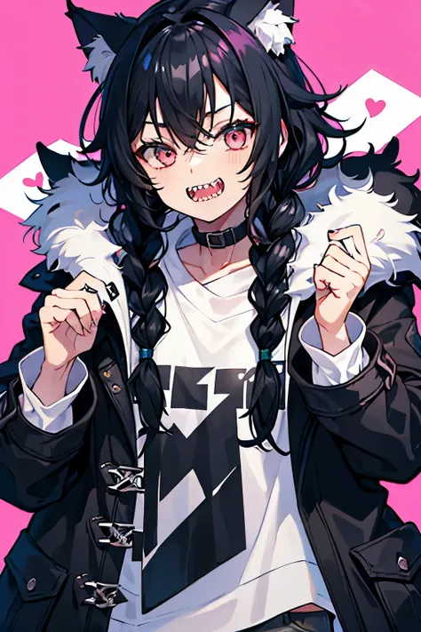 Boy, cat ears, black hair, messy hair, creative hair, braids, sharp teeth, cute, big coat, HD.