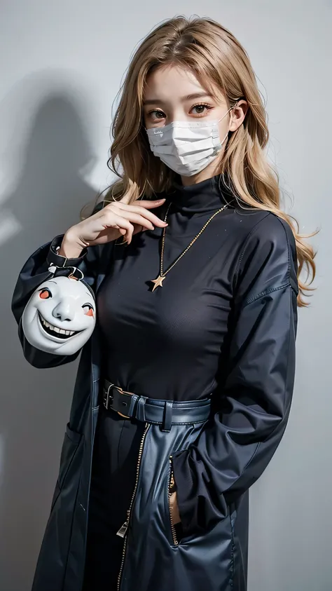 Girl wearing, luxury blue coat, shoulder length hair, wavy hair, glowing skin, star in eye, grey  background, cute poses , Turtle neck collar design, sleeve less, light blonde hair , wearing black mask , face mask ,  light blonde hair , wearing black mask,...