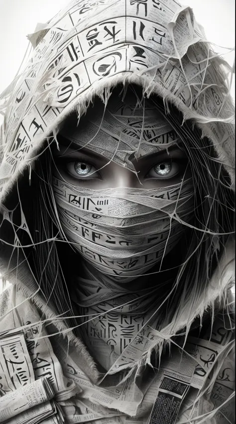 edited image of a woman with a hood covered with newspaper, covered with runes, mother portrait , girl with white eyes,  white f...