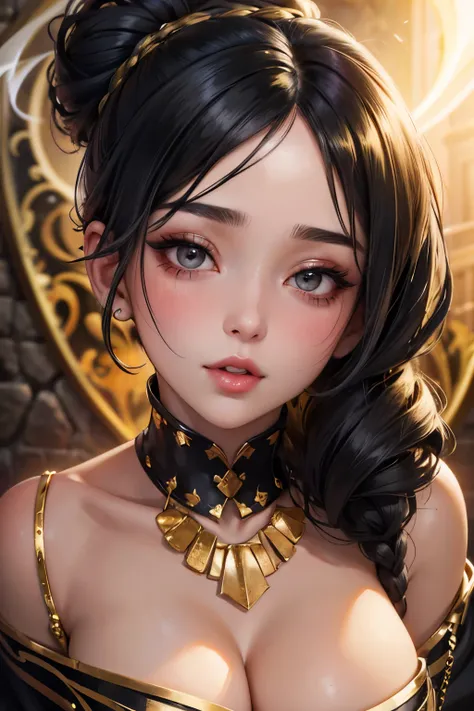Sexy woman, black hair tied in a bun, smokey eyes, eyeliner, blushing intensely, fairest skin, plump face, soft lips, gold blouse, pinned against a wall