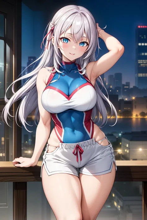 "(dawn:1.7), a captivating anime girl, Alisa Kujou, with (22 years:1.1), (beautiful character design:1.4). She has (long white hair:1.4) flowing elegantly and striking (blue eyes:1.5) that shine softly in the morning light. She is wearing a stylish, form-f...