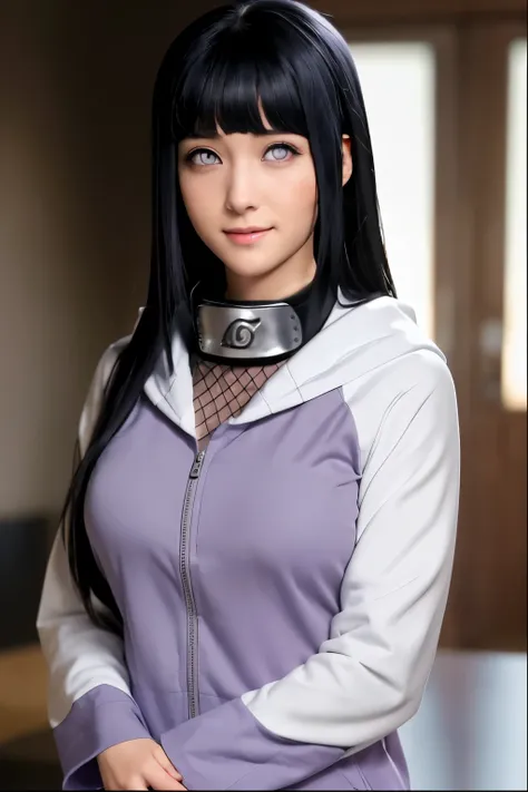 Create an image of Hinata Hyuga of "Naruto" , Imagine a character with straight black hair and a fringe , giving a casual greeting . They wear a modern , sweatshirt zipped hood in shades of gray and lilac , with a distinctive logo on the upper arm ...