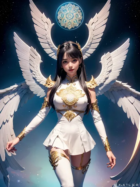 Cyborg, Girl, Beautiful girl, Cute, Sexy, Strong, Slender, Delicate, Smile, (Lolita costume), High legs, Metallic, ultra color, paisley, mandalas, Near future, Heaven, angel, feater, wing, Helix lamp, (The wings are symmetrically paired;1.5),
