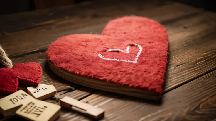 a heart-shaped object made of red felt on a wooden table, colorful "LOVE" text pieces with different designs in front, green "L", striped red and white "O", red "V", pink and black checkered "E", blurred background, focal point on heart and text, still lif...