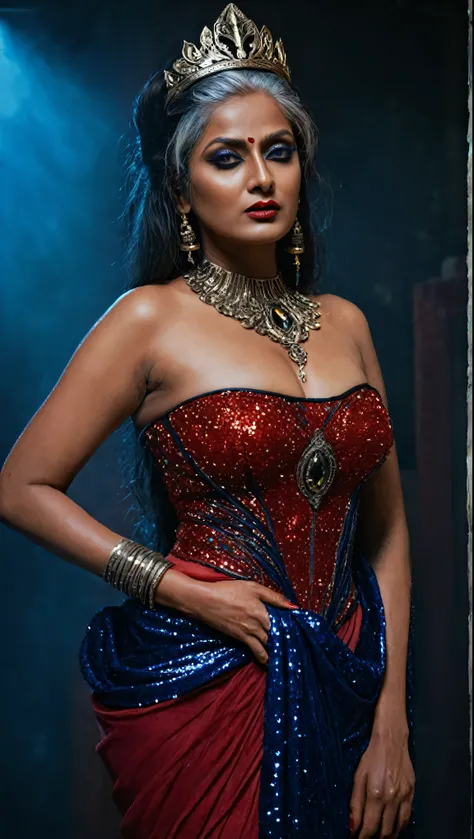 Looks like Aindrita Ray, full body Closeup shot, Big chubby aunty, milf, cougar lady witch, busty huge breast, slightly grey hair, horny Gothic milf, 70 years old gorgeous mature lady, pervert demoness, demoness of lust, curvy, black lips, horny face, ext...