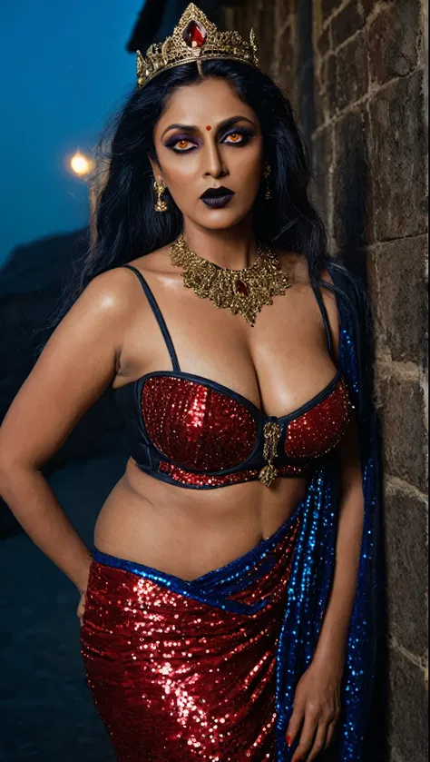 Looks like Aindrita Ray, full body Closeup shot, Big chubby aunty, milf, cougar lady witch, busty huge breast, slightly grey hair, horny Gothic milf, 70 years old gorgeous mature lady, pervert demoness, demoness of lust, curvy, black lips, horny face, ext...