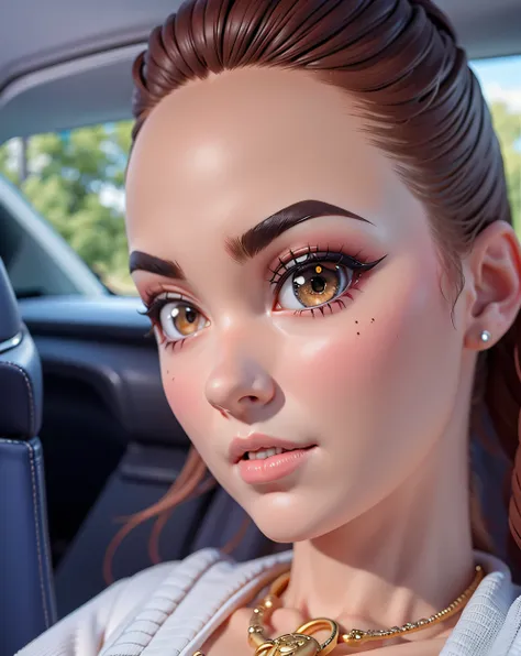 a close up of a woman in a car with a necklace on, wide forehead, thin eyebrows, straight eyebrows, big eyebrows, longer eyebrows, high forehead, big forehead, large eyebrows, bigger forehead, thick eyebrows, perfect face ), black eyes and large forehead, ...