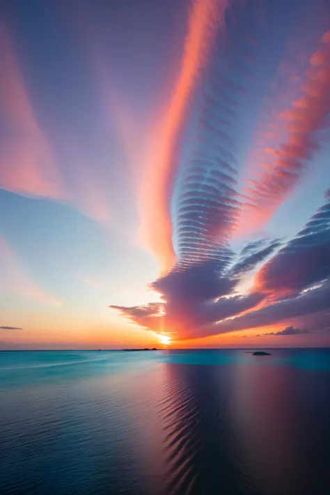 Island with Hidden Lagoon and Reefs: An island with a lagoon in the center surrounded by coral reefs, where colorful fish swim. The sky at sunset is a mix of orange and pink, and the light reflects off the calm water of the lagoon.