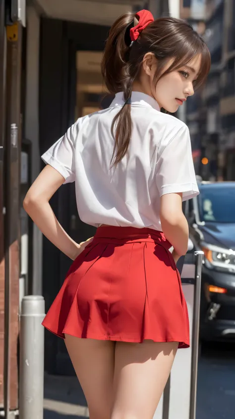 woman in red skirt walking past a sign with a sign on it, with a red skirt, wearing skirt,  mid shot upper waist, Wear red shorts , short skirt, Waist - Shot, skirt,  tight shirt, (Detailed legs,  thin thighs,  beautiful feet), (Small beautiful butt), ( ti...