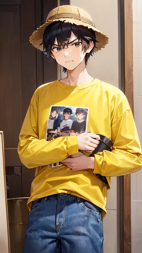 masterpiece,  best quality, Impasto, Alone, 1 male,, 25-year-old male,   black hair,    short hair、 (((Yellow Ron T  )))、((Long sleeve T-shirt )) ,   ((( wearing a t-shirt with letters written on it ))) cowboy shots,    STANDING ALONE  、((( jeans)))、 short...