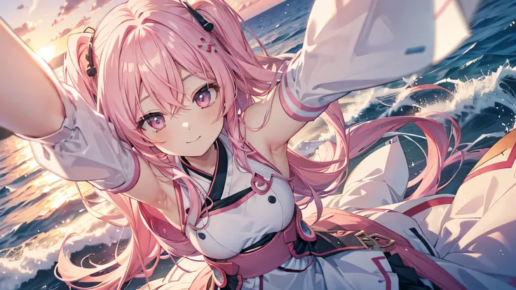  cute anime pink haired girl、 dynamic、 long hair,（ angle from above,Sunset beach,The best smile ,Feminine Style)