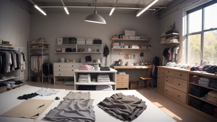 a modern clothing design studio with lots of fabrics and sewing equipment, grey tones only, no people, bright high key lighting