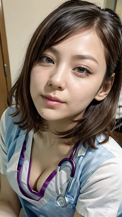 hospitalの中で前かがみにななって患者を覗き込むnurse、(Realistic、 as in the picture 、 Live Action 、Realistic,  RAW photo,  best quality: 1.4),  SLR camera 、 RAW photo,  best quality, Realistic,  several people having fun with each other while having very detailed なCGユニティ8K壁紙, ...