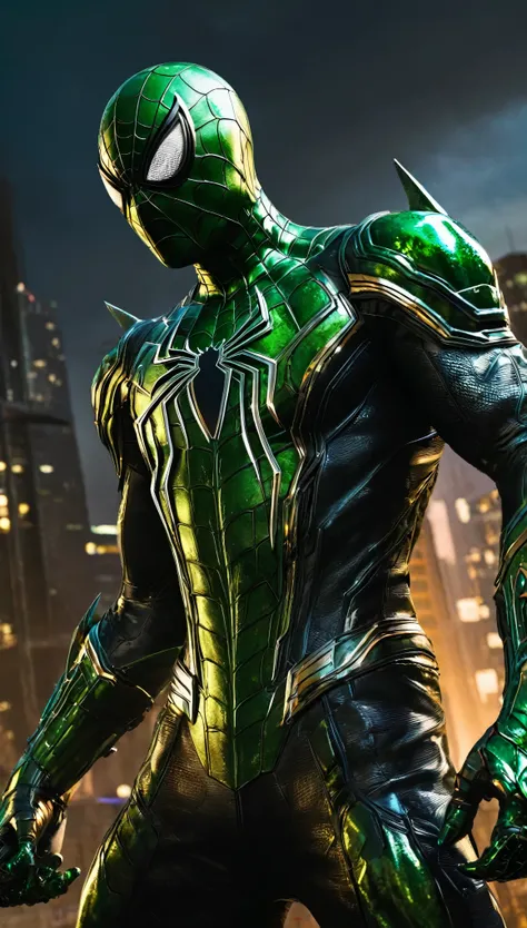 Create a menacing, villainous version of Spiderman, encased in a high-tech, green and black armor. His suit is designed with sleek green technological plating, which glows ominously along the edges. Over this, he wears a tattered, black leather jacket with...