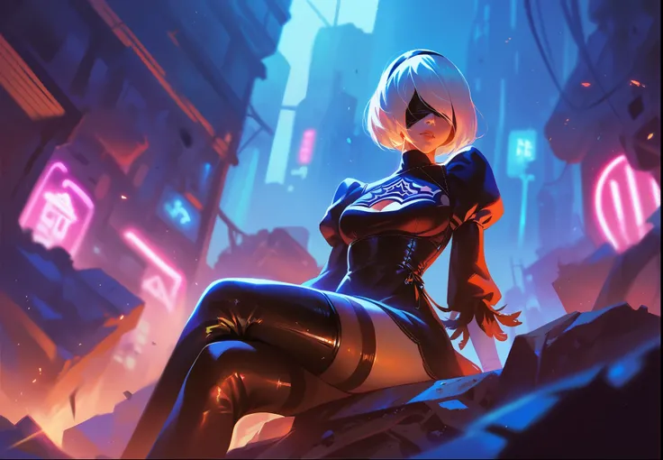 2B, nier automata, blindfold, futuristic destroyed city background, colorful neon lights, sitting ona pile of rubble, stoic, night time, beautiful lighting,