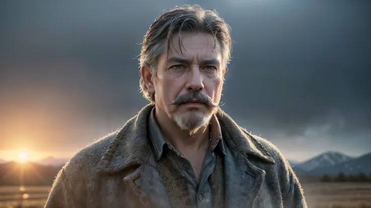 (best quality, 4k, 8k, high resolution, masterpiece: ultra detailed, (realistic, photorealistic, photorealistic: a man in his 50s, short grayish hair, with a medium-sized white mustache and goatee, full body, wearing a highly realistic western cowboy costu...