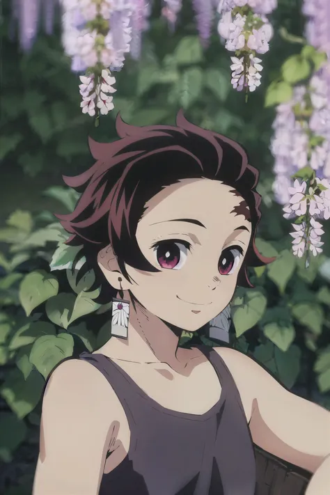 demon slayer, tanjiro, 1boy, upper body, (wisteria:1.2), looking to the side, look at viewer, flowers, solo, smile, red hair, red eyes, male focus, earrings, Tank top, outdoors,kamado tanjirou, best quality, masterpiece, 