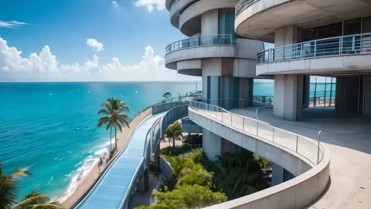 A towering, futuristic stainless-steel waterslide spirals down from the roof, twisting out from high concrete platforms, terraces, and concrete balconies of luxury apartments with slanted, truncated concrete walls. Surrounding the walkway are concrete path...