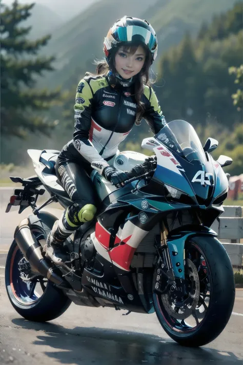 yamaha r1z, the racer girl, best quality, ultra wide angle, small breasts,  brown skin, wearing alpine star racing boots,